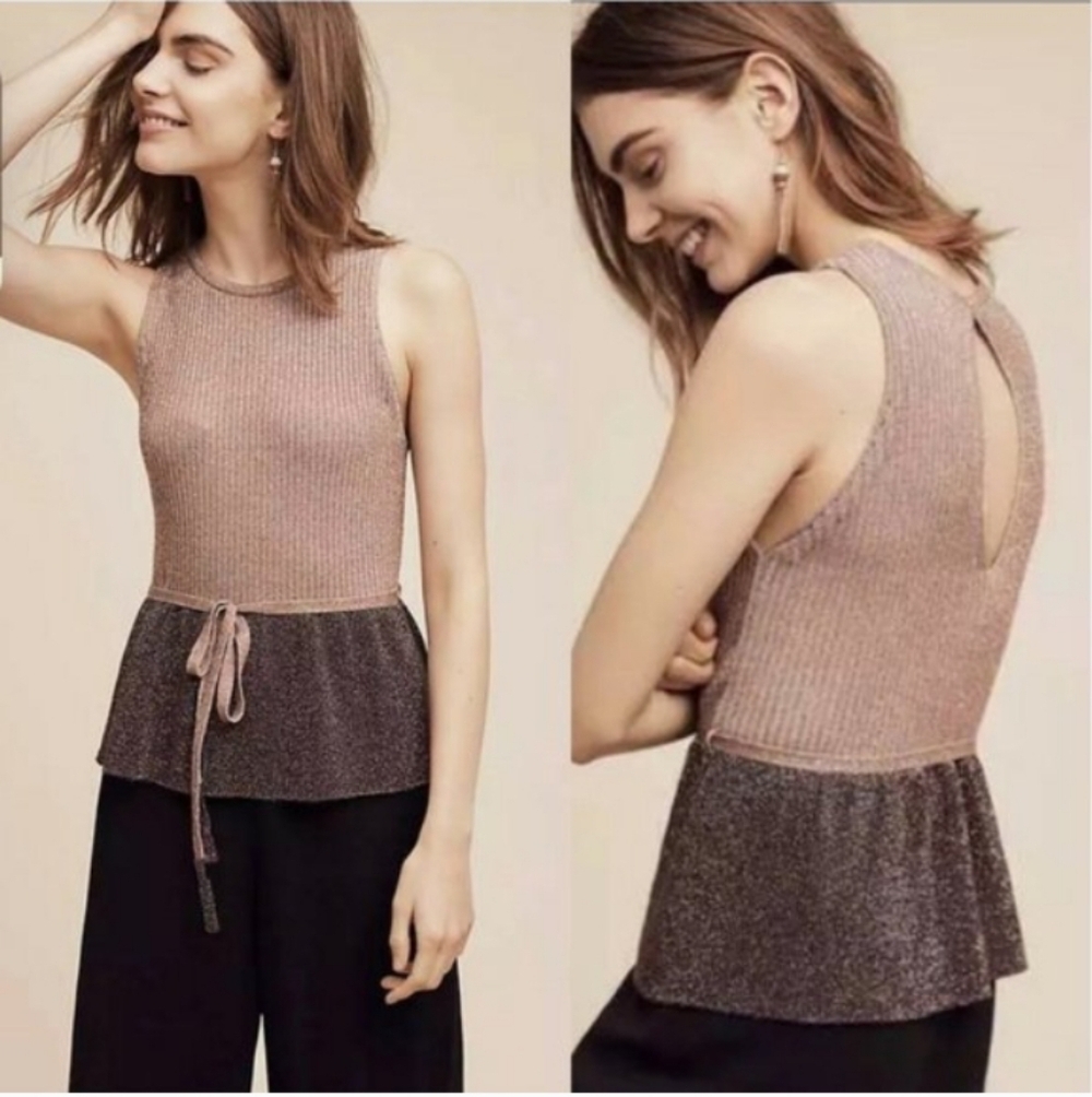 Anthropoligie Moth Riela Sparkle High Neck Glitter Metallic Peplum Top